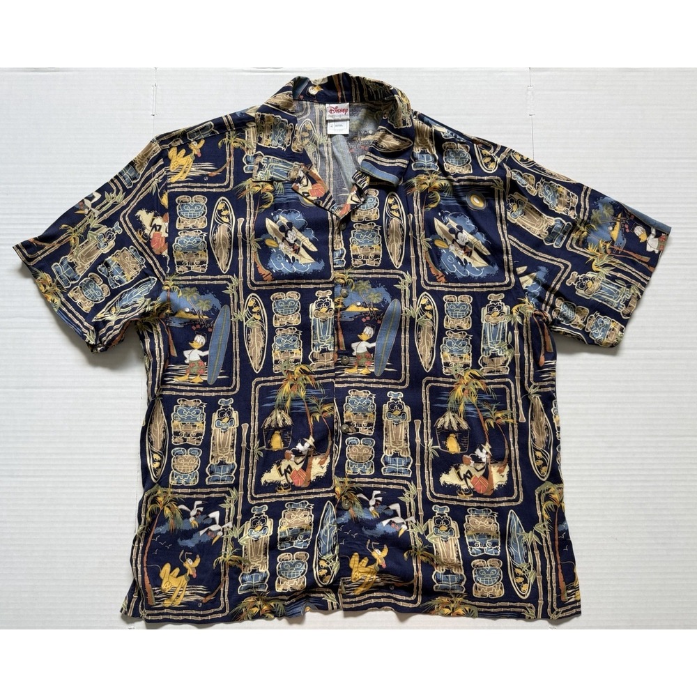 Disney Mens XL Tiki Hawaiian Aloha Mickey Donald Pluto Camp Surf Shirt Button Up